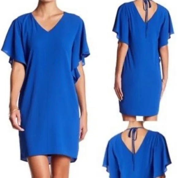 𝅺ELIZA J. Womens Blue Flutter Sleeve V Neck Tie Back Shift Dress Size 6 - Picture 2 of 14